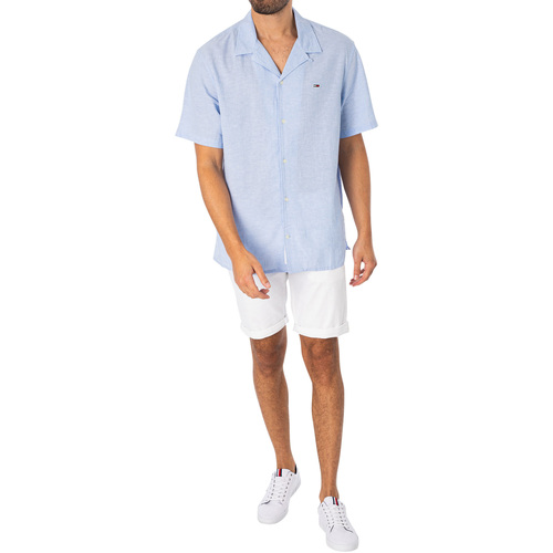 Tommy Jeans - Camisa Camp De Manga Corta En Mezcla De Lino Azul
