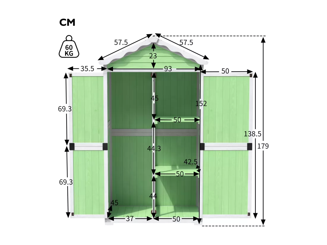 Abri de jardin en bois massif avec toit pente résistant aux intempéries - 2 portes 3 étagères - 93 x 45 x 179 cm - Gris
