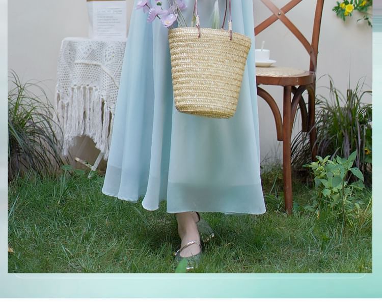 Fioridi - Hanfu-top met korte mouwen, geborduurd met bloemen en kikkermotief, knoopjes / Effen midi-A-lijn rok met hoge taille