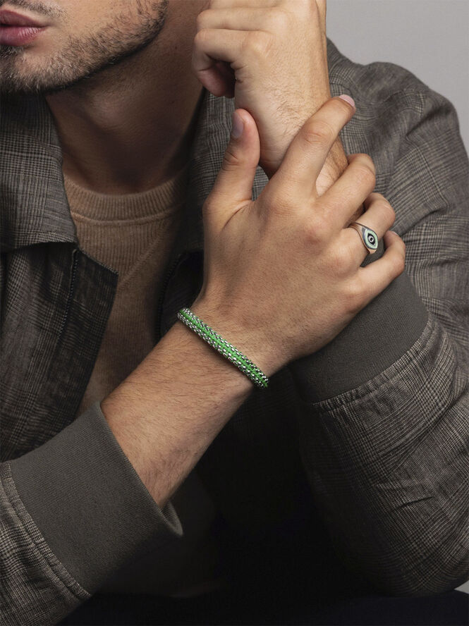 Nialaya Men's Green Woven 8mm Box Chain Bracelet in Silver Green / silver