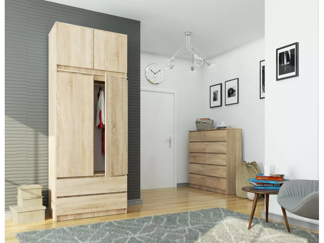 Armoire avec surmeuble AKORD S90 Chêne Sonoma 90 cm 2 portes 2 tiroirs façade Chêne Sonoma 6 étagères 90x51x234 cm