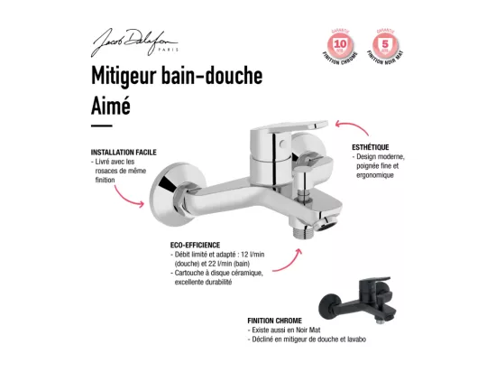 Pack baignoire droite 180 x 80 JACOB DELAFON Elise + pack pommeau et mitigeur bain douche noir mat + pare bain chromé + vidage