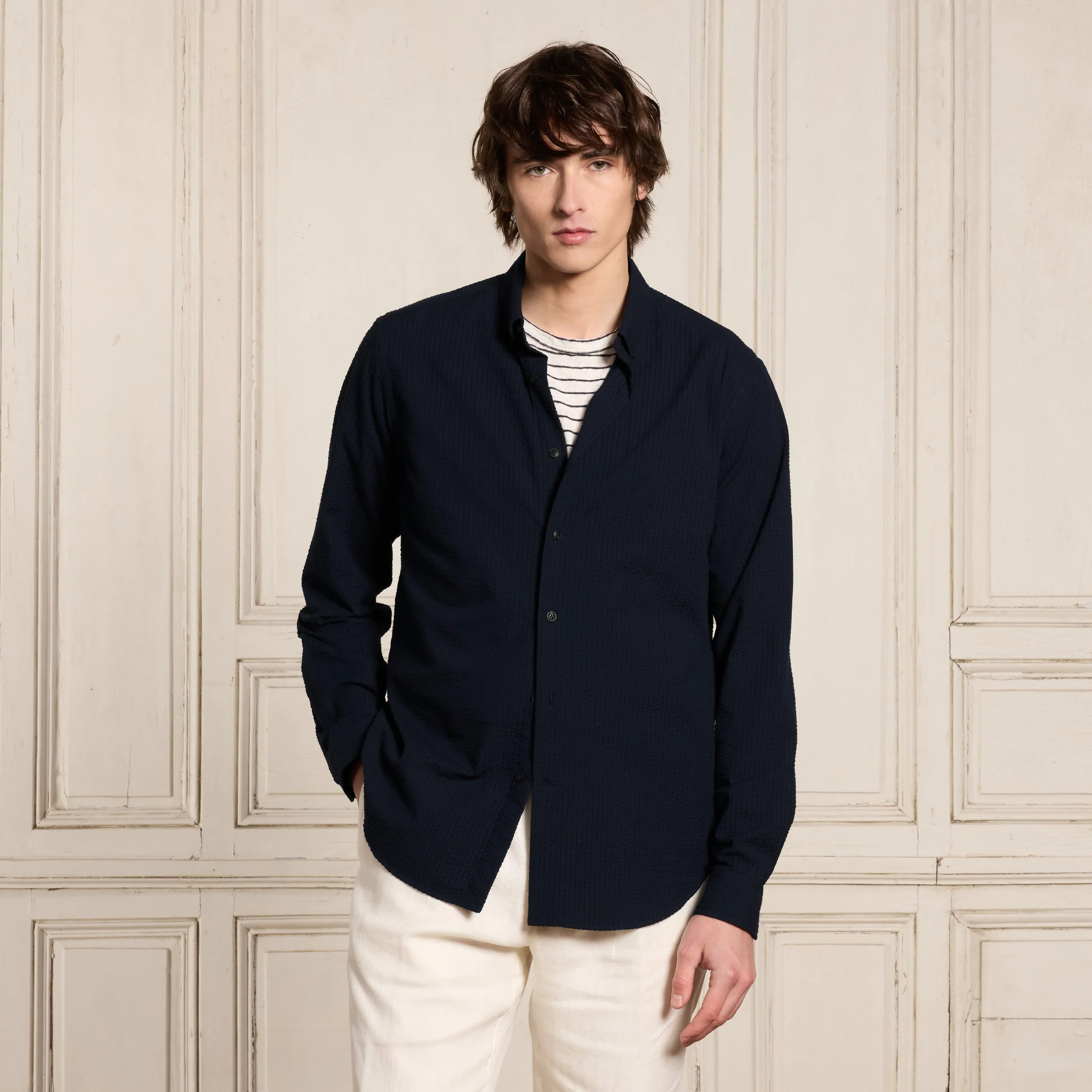 Navy seersucker shirt