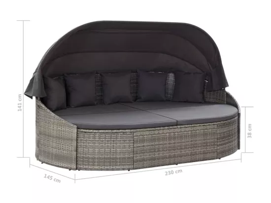 Chaise longue d'extérieur avec auvent Résine tressée Gris