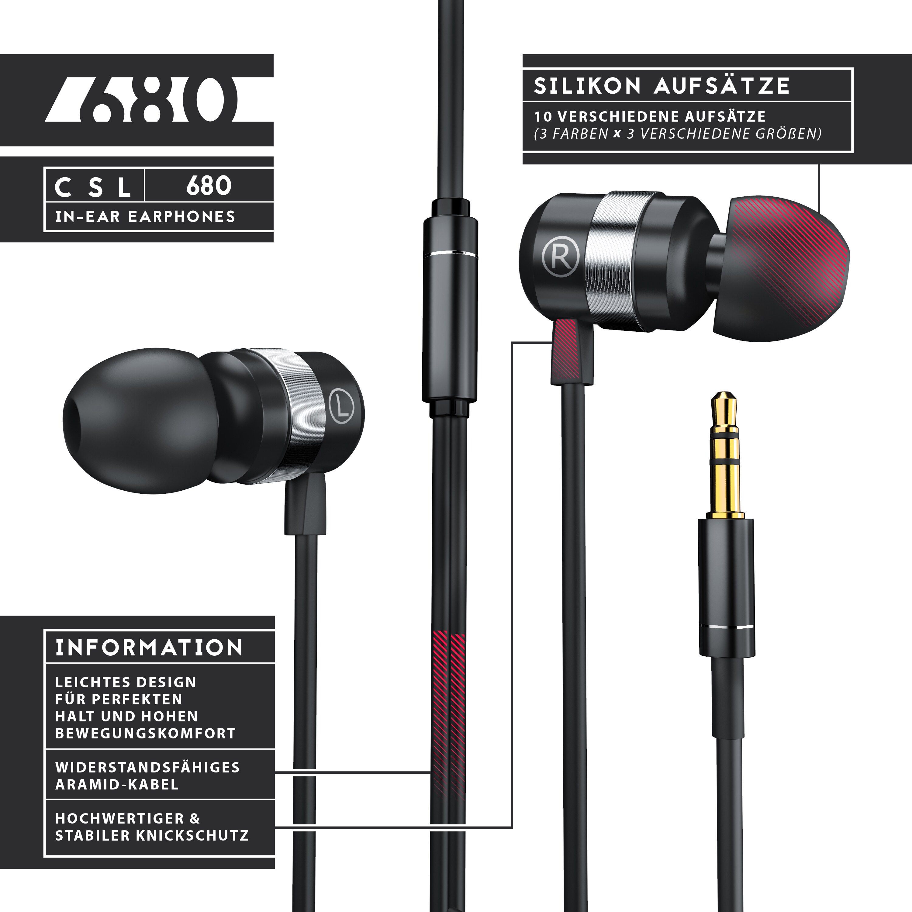 CSL In-Ear-Kopfhörer, Curved Ohrhörer mit 10mm Treiber robustes Aramid-Kabel mit Knickschutz