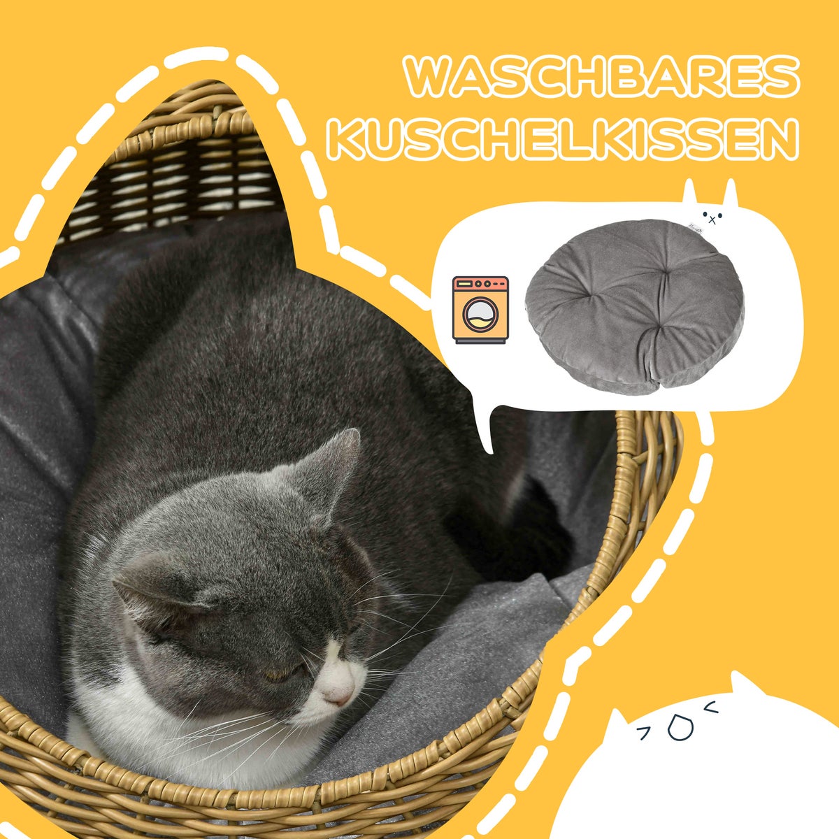 PawHut rotan kattenmand, Ø50 x 31H cm, PE rotan, polyester, bruin