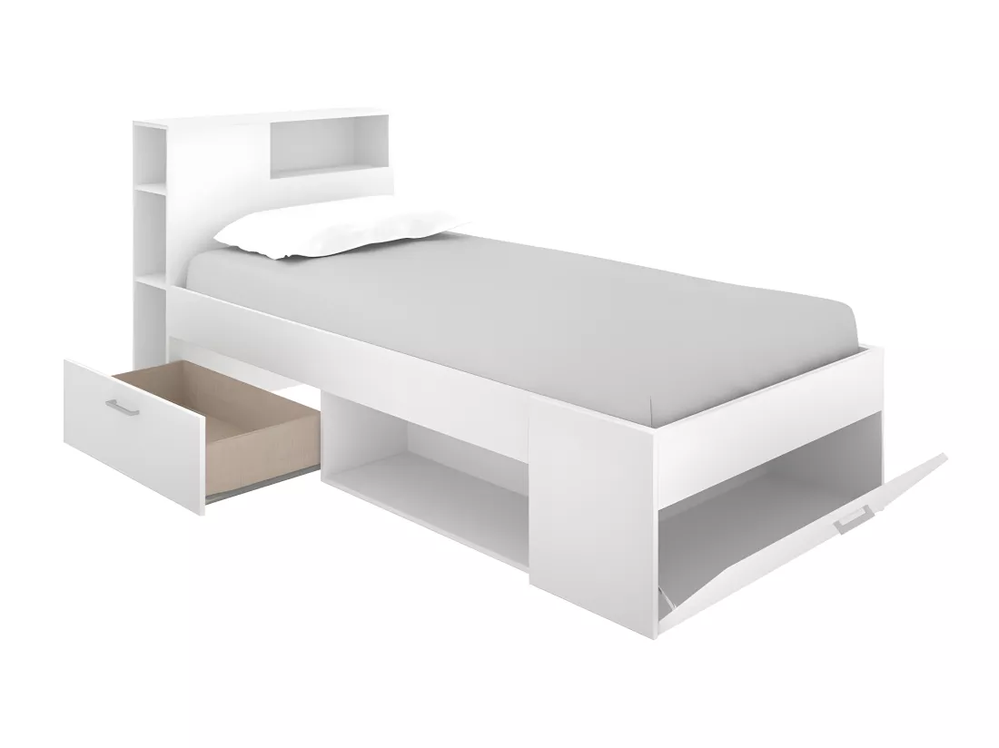 Lit avec tête de lit rangements et tiroir - 90 x 190 cm - Blanc - LEANDRE