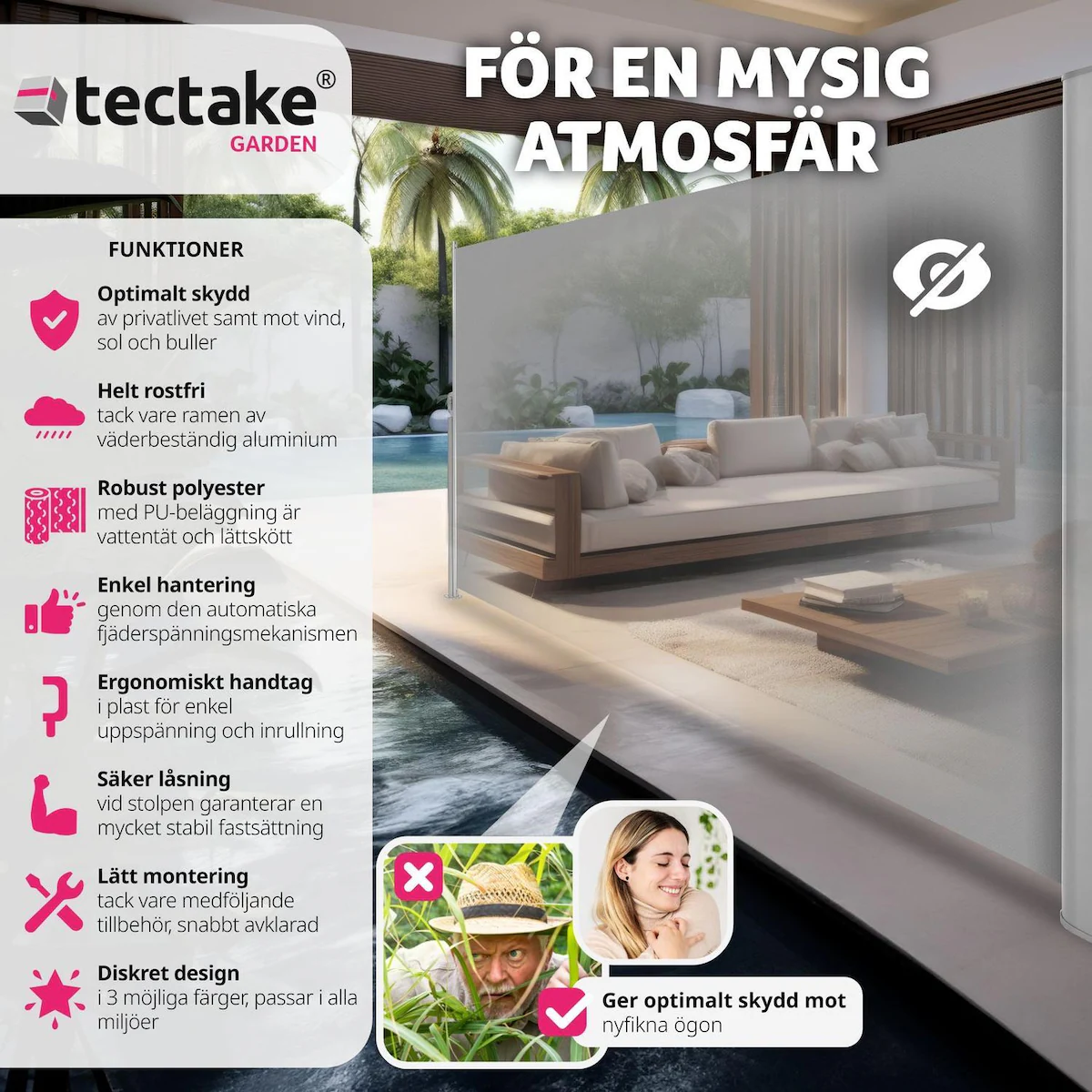 Sidemarkise med uttrekkbar mekanisme - 160 x 300 cm,grå