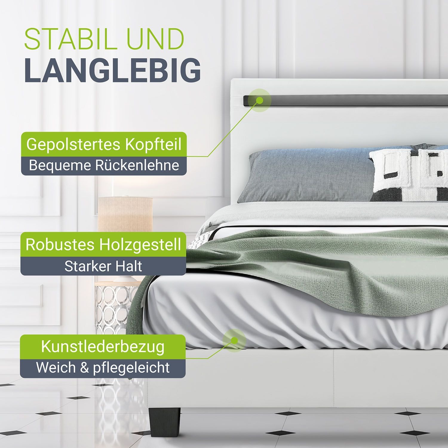 Juskys Polsterbett Paris 140 x 200 cm weiß – Bett mit LED Beleuchtung, Lattenrost & Kopfteil