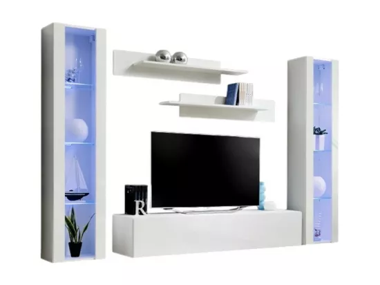 Meuble TV FLY A2 design, coloris blanc brillant + LED. Meuble suspendu moderne et tendance pour votre salon.