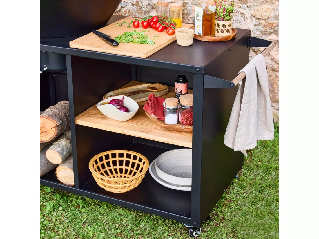 Brasero barbecue Ø80cm - Stromboli - coloris noir avec grille de cuisson et espace de rangement. L 138 x P 82 x H 114 cm