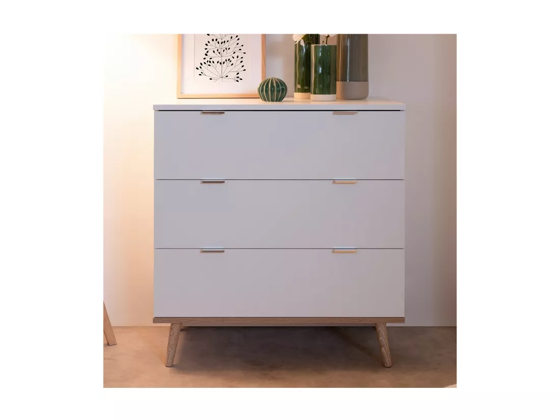 Commode Göteborg - 3 tiroirs - Décor chene sonoma Blanc - Scandinave - L 79,8 x P 40 x H 86,5 cm