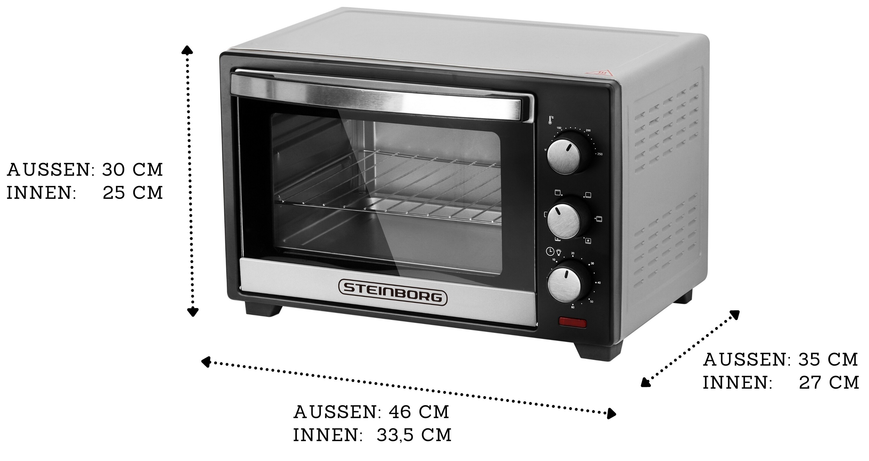 Steinborg Minibackofen Pizzaofen 25L mit Umluft 1600W silber