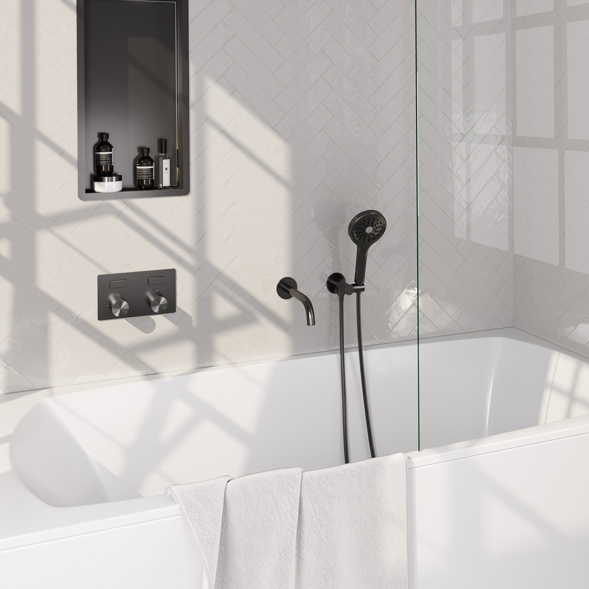 Brauer Stripe inbouw badkraan met drukknoppen en 3 standen handdouche gunmetal geborsteld PVD