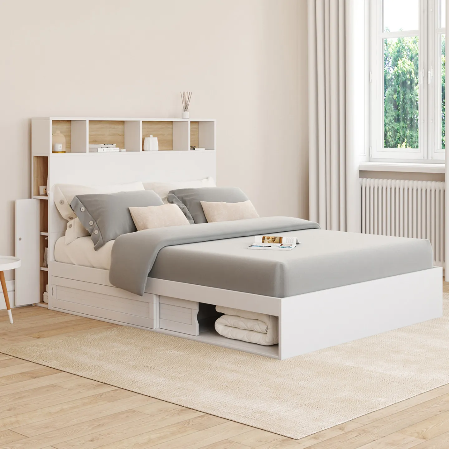Lit double CLEM avec tête de lit, rangements et sommier 140 x 190 cm blanc