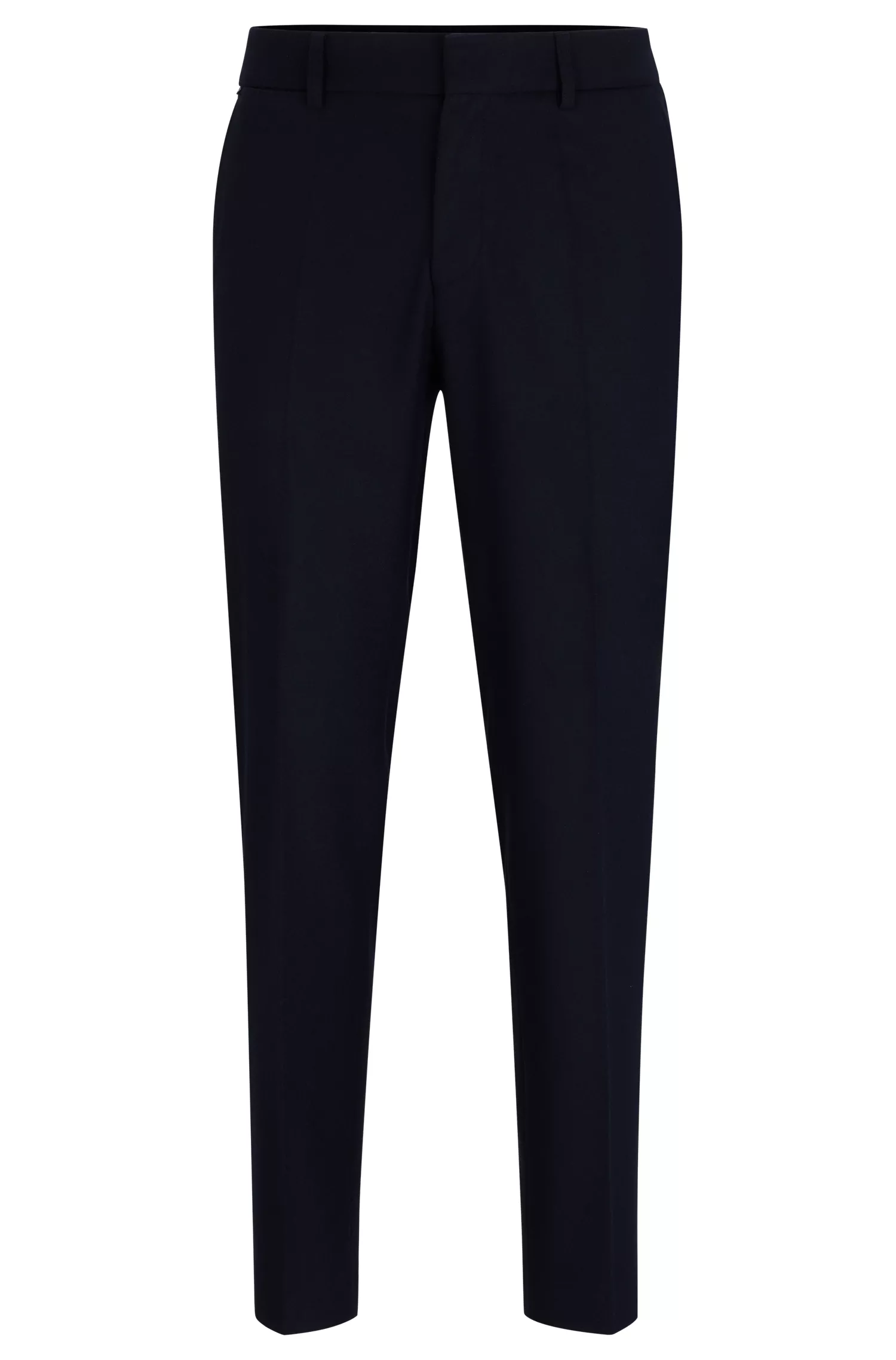 Calça social BOSS preta, corte slim, em tecido elástico.