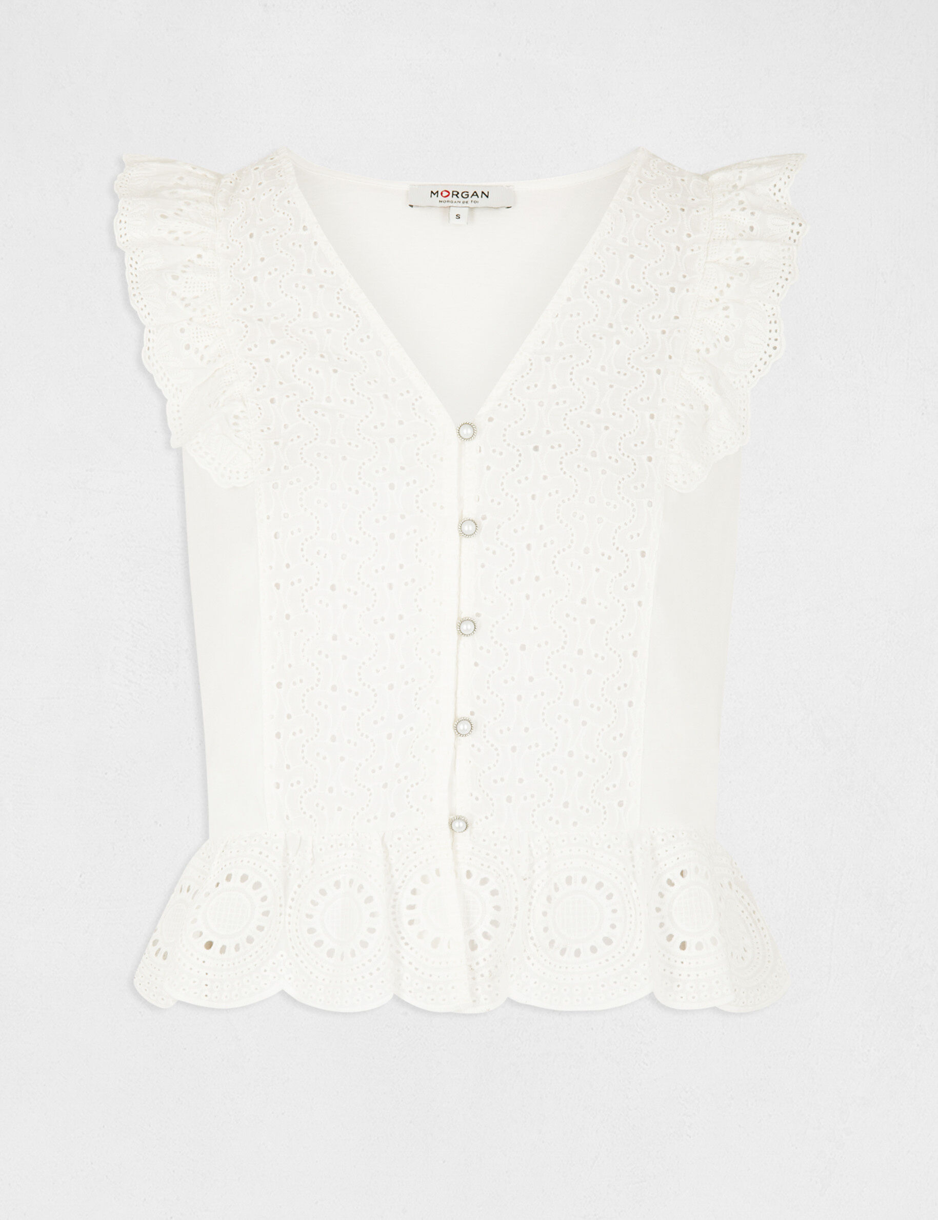T-shirt manches courtes à volants ecru femme - ecru