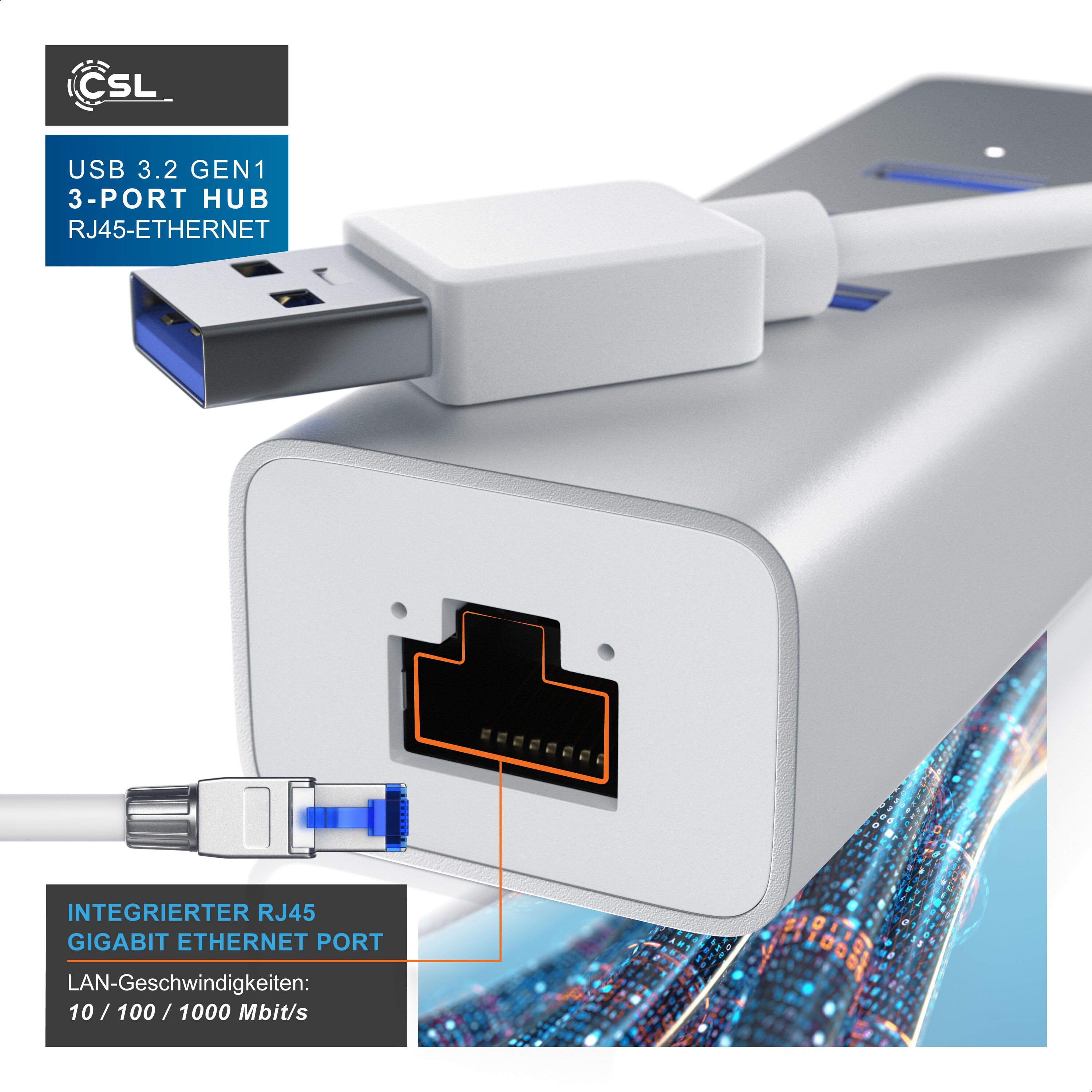 CSL 3-Port USB 3.1 Gen1 Verteiler inkl. Netzwerkadapter mit RJ45 Buchse / Aluminium Gehäuse