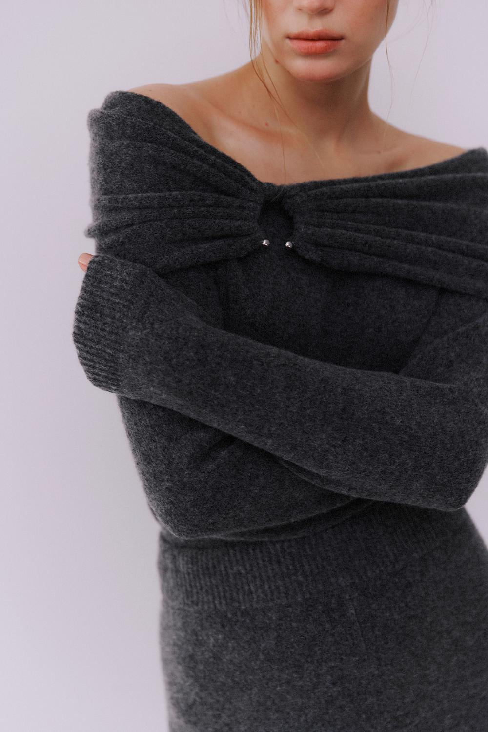 Vila  Vikenya L/S Off Shoulder striktrøje - Dark Grey Melange