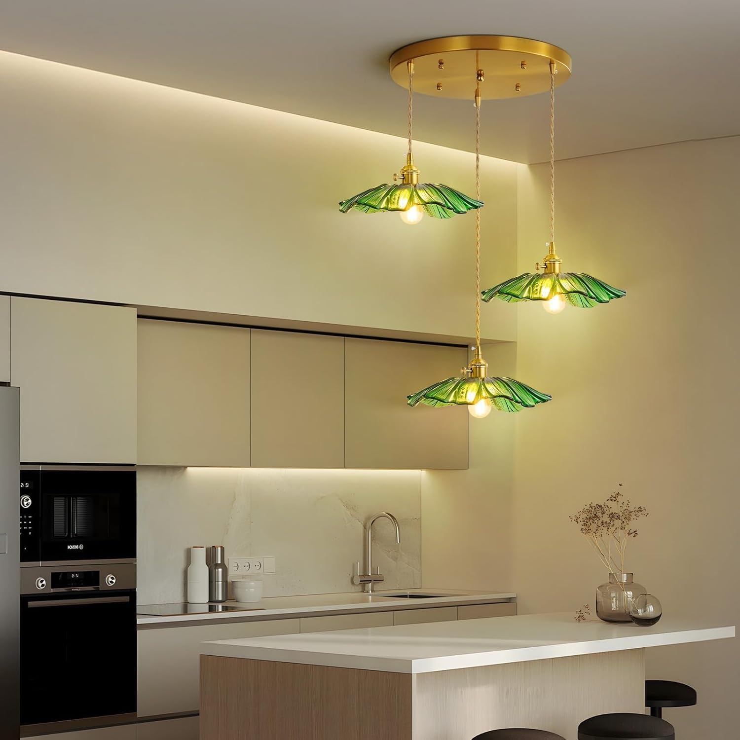 Pendelleuchte grünes Glaslicht Kücheninselleuchten Esszimmerleuchte Kronleuchter Blume DREI Lichter für Schlafzimmer Küche Flur grüne Sonnenblumenform verstellbar Hängeleuchte