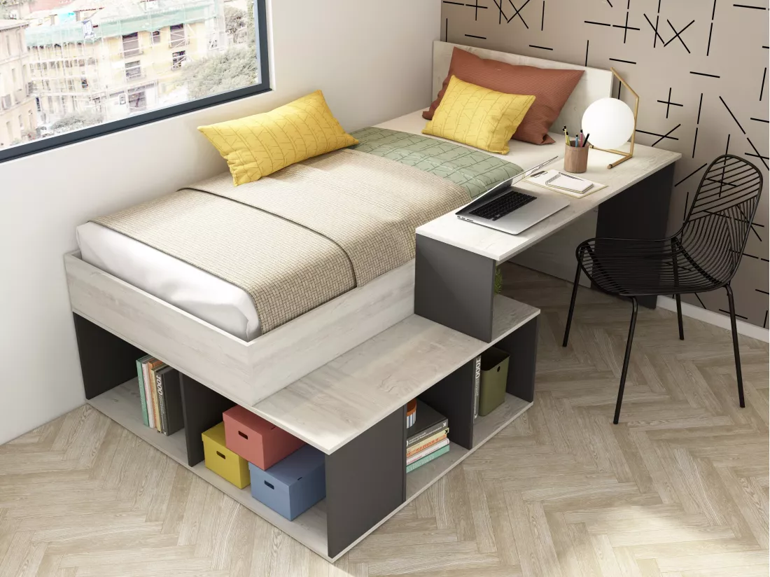 Lit combiné 90 x 200 cm avec rangements et bureau - Coloris : Naturel et anthracite + Sommier + Matelas - RIGALI