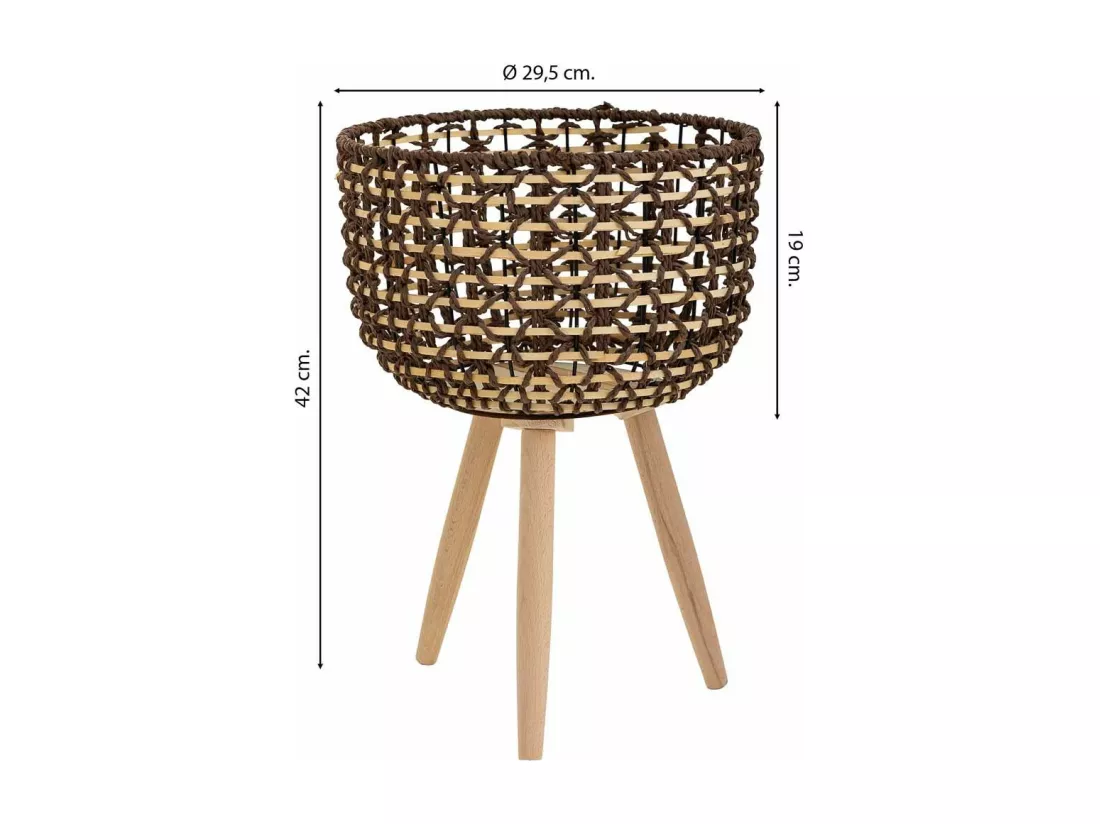 Cache-pot en bois, métal et corde de papier marron d29,5x19/42h