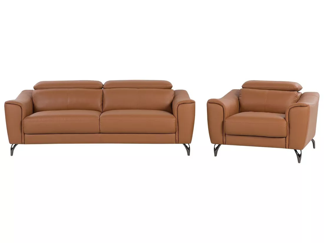 Ensemble canapé et fauteuil en cuir marron doré 4 places NARWIK