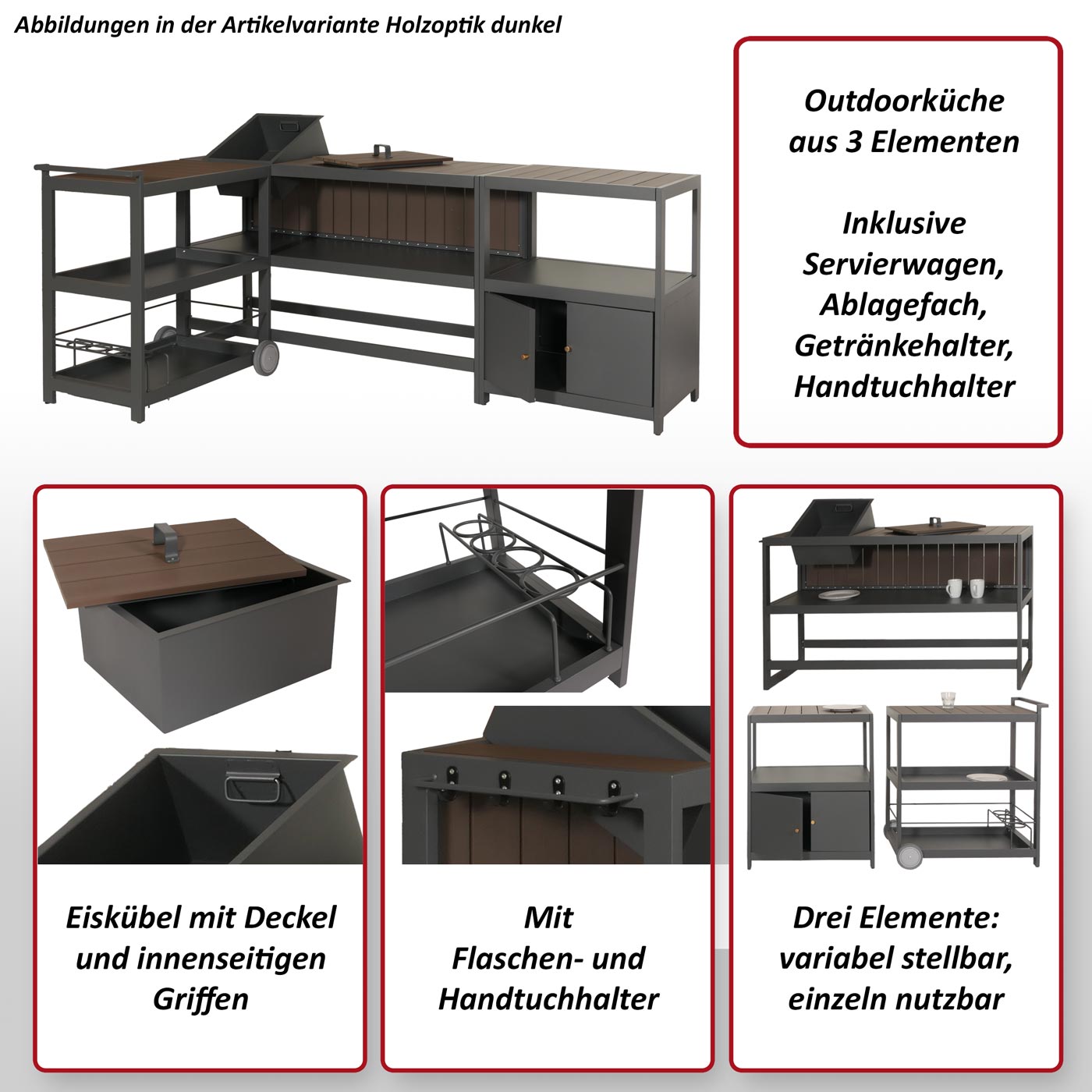 Aluminium Outdoor-Küche 3-teilig MCW-M64, Außenküche Garten Servierwagen Eiskübel Schrank ~ anthrazit, dunkle Holzoptik