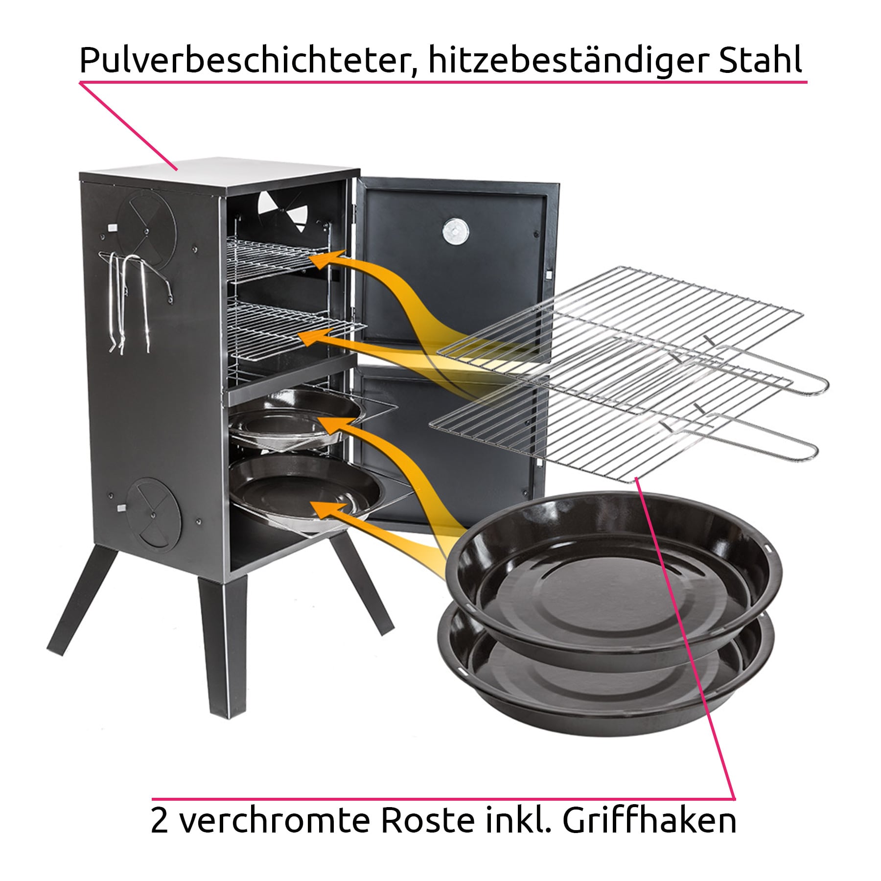 tectake® Räucherofen, mit Temperaturanzeige, seitliche Tragegriffe, 54 x 50,5 x 100 cm