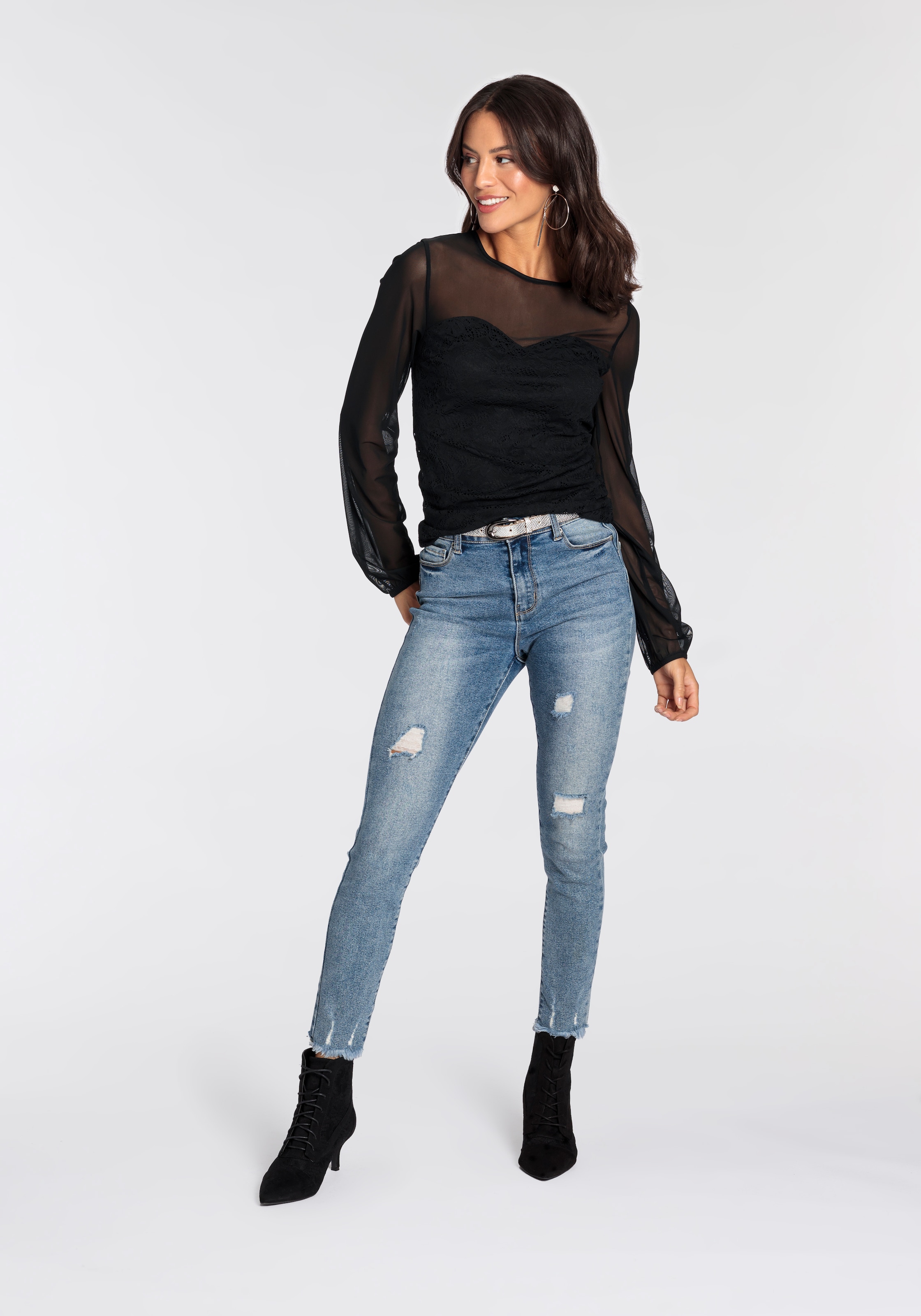 Melrose Langarmshirt , taillierte Passform,  aus Netzstoff,  mit Viskosefutter,  mit Spitze
