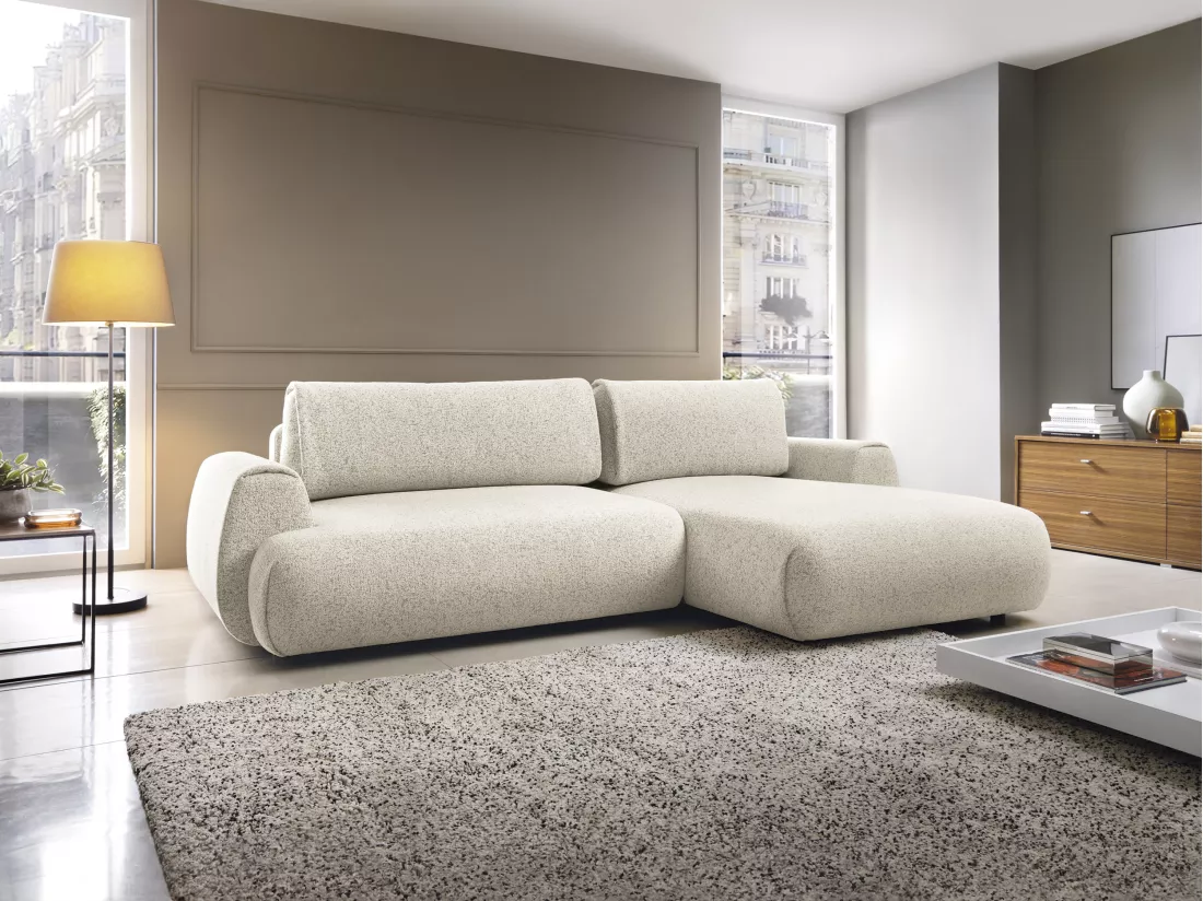 Canapé d'angle droit convertible en tissu texturé beige MONELIA
