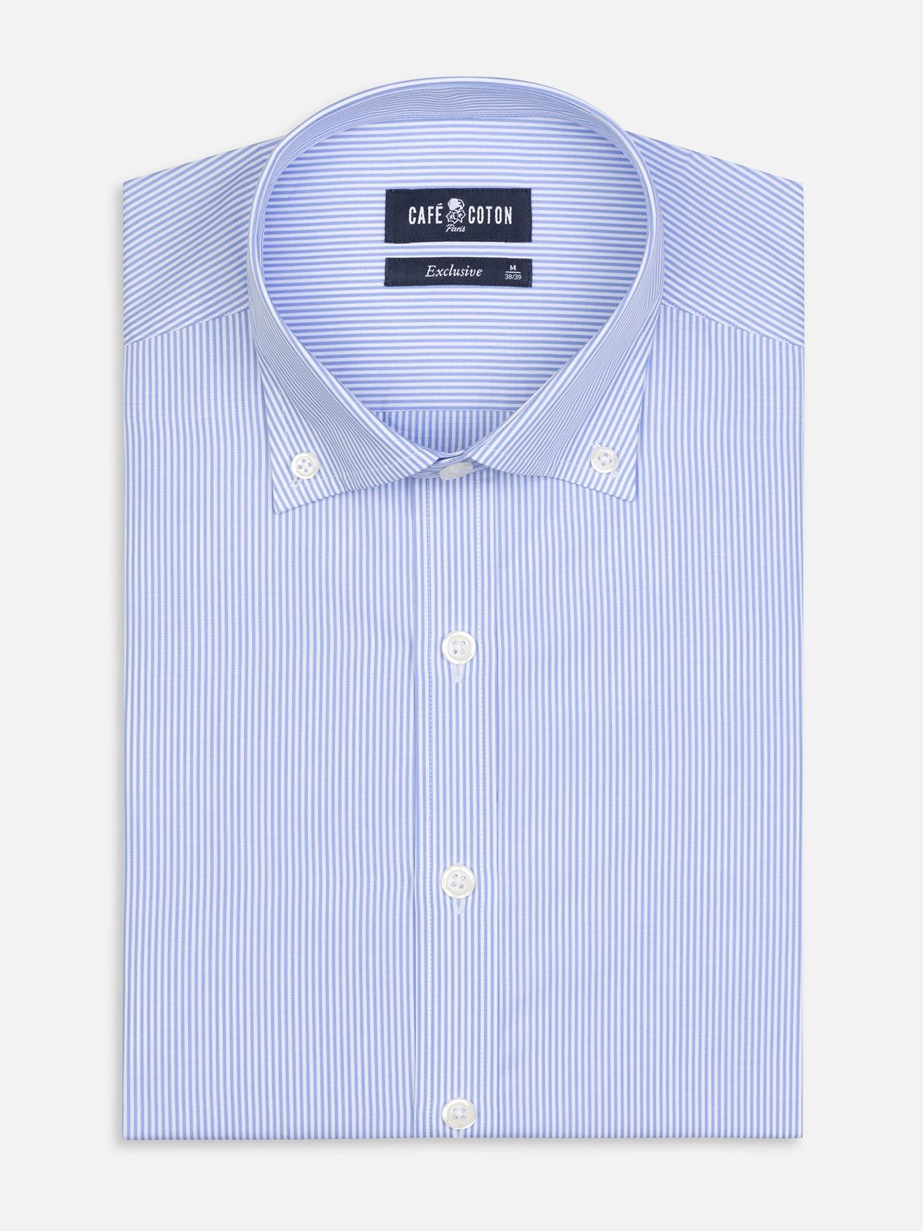 Chemise cintrée Menthon à rayures ciel - Col Boutonné