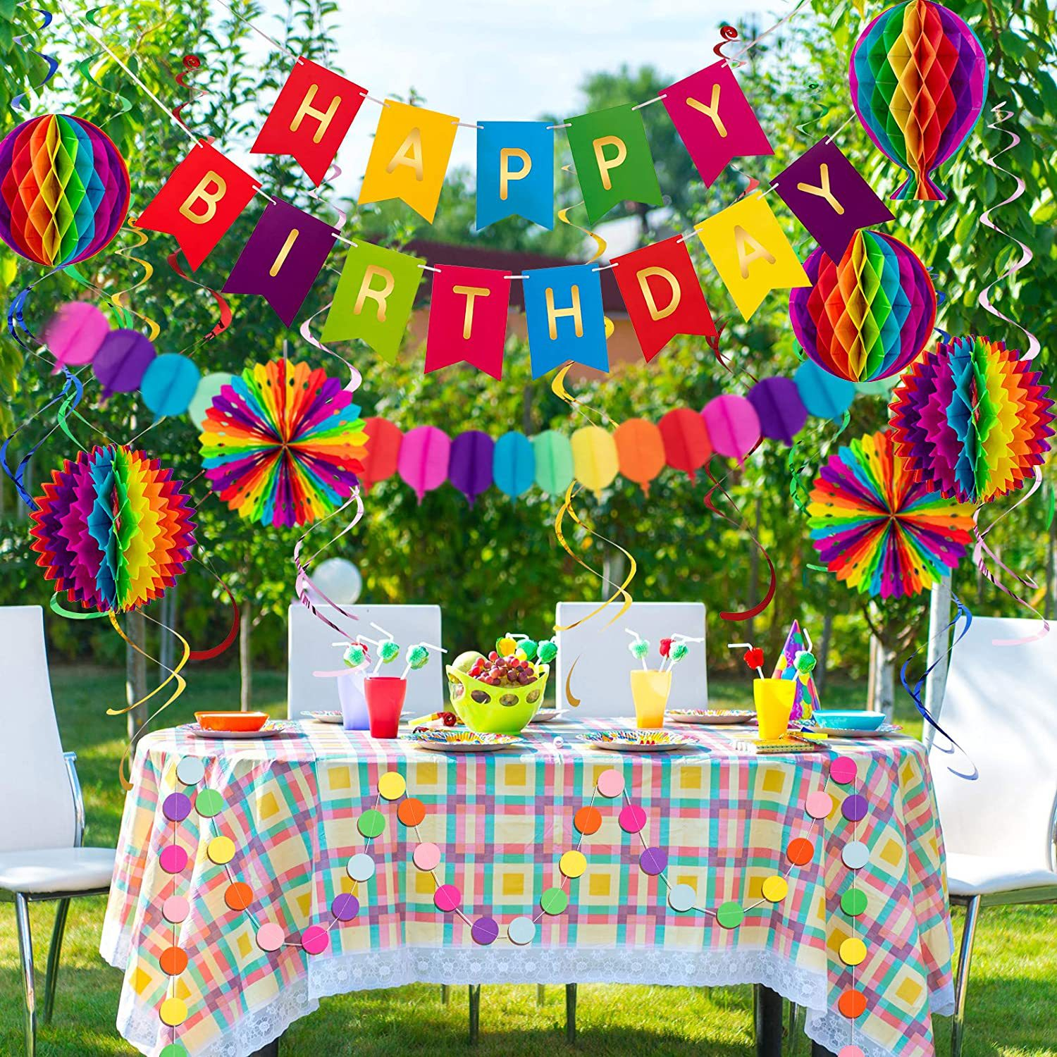 (37-tlg. Set) Happy Birthday Girlande Geburtstags Party Deko   Papier Wabenkugeln / Spiralen Girlanden - Bunt