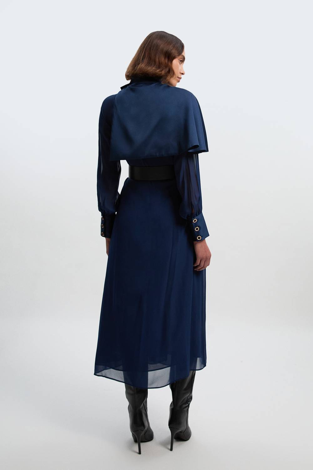 KarenMillen Robe Longue Tissée Petite Taille avec Détail Cape Transparente Style Militaire