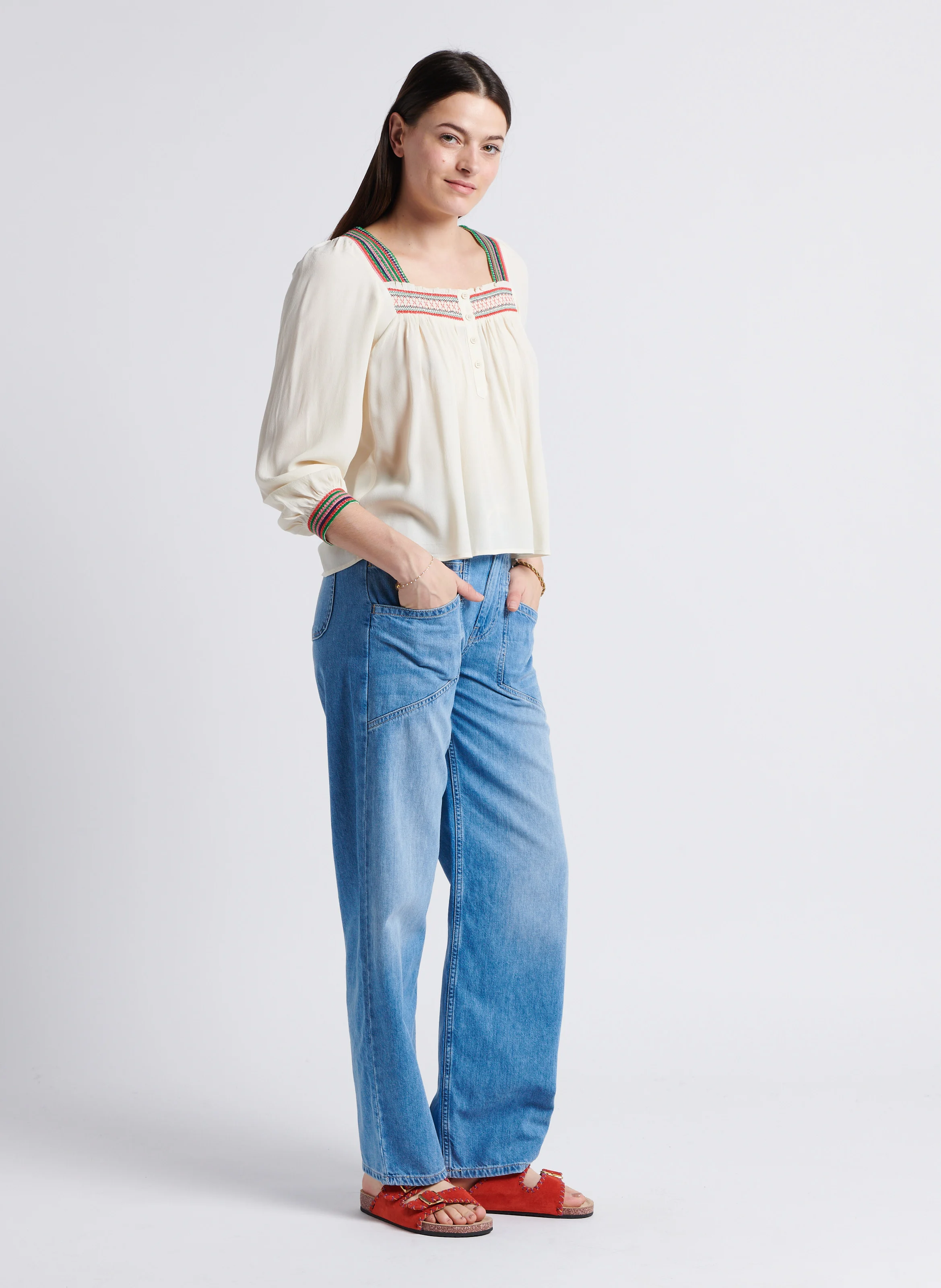 MIMA - Pantalon large taille haute en coton | Bleu