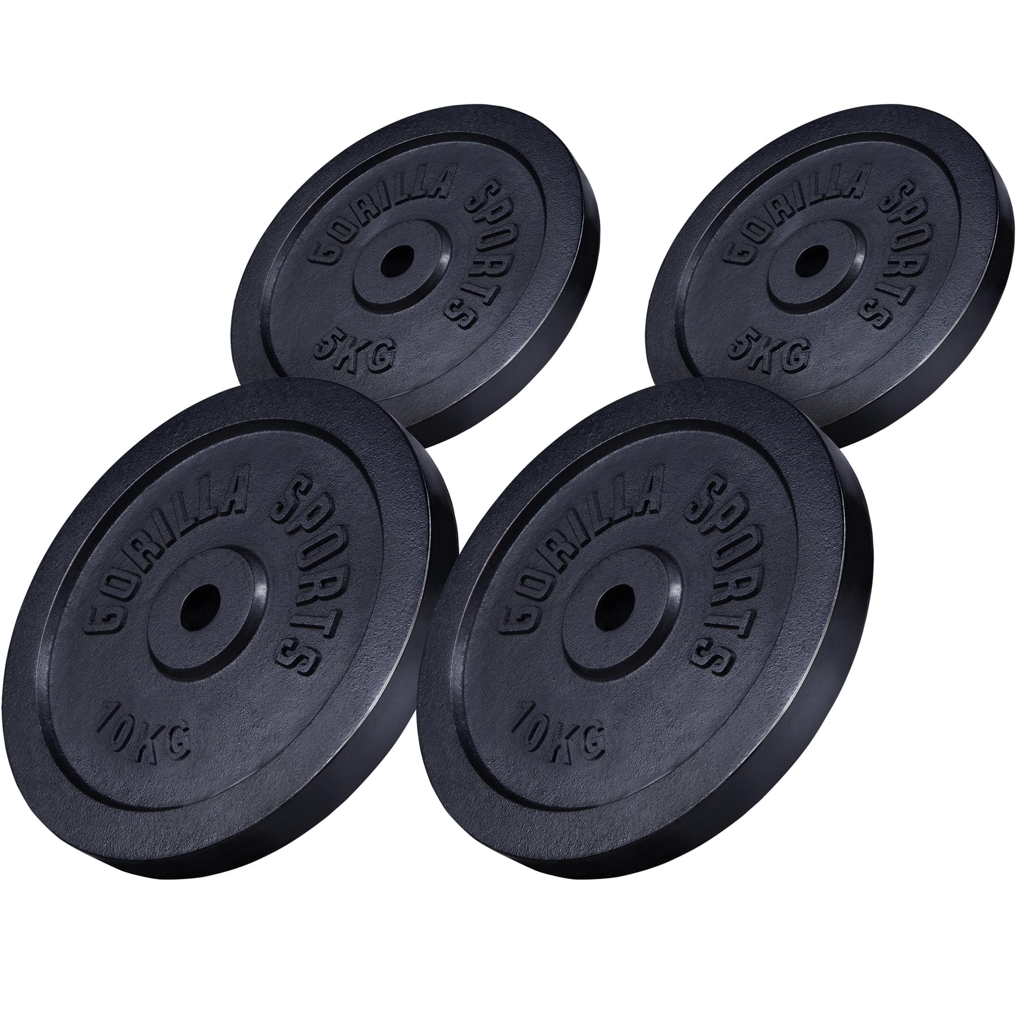 Conjunto de anilhas de ferro maciço Gorilla Sports: 2 de 10 kg e 2 de 5 kg.