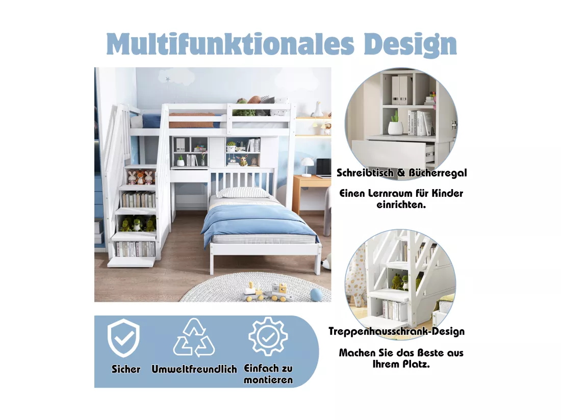 Lits superposés multifonctionnel pour enfant - 2 x 90 x 200 - 4 rangement dans l'escalier - avec bureau et tiroir - pin - blanc