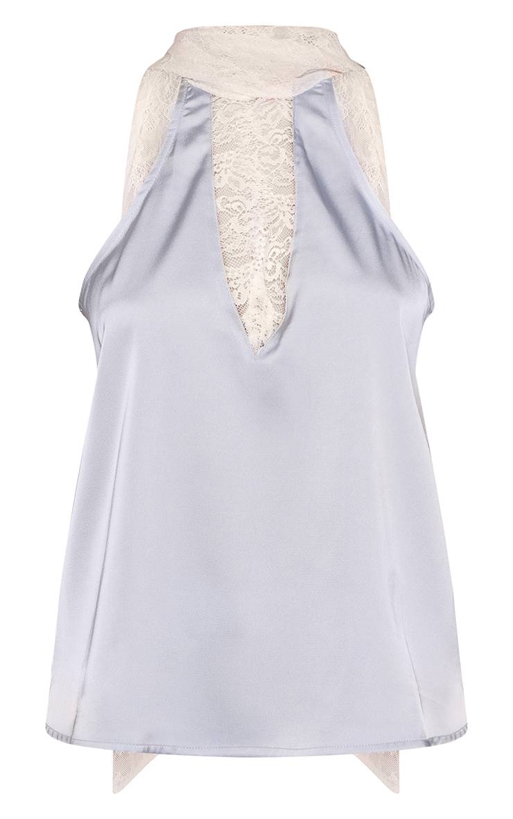 Bleu Clair Haut Long En Satin Avec Foulard En Dentelle Contrastée