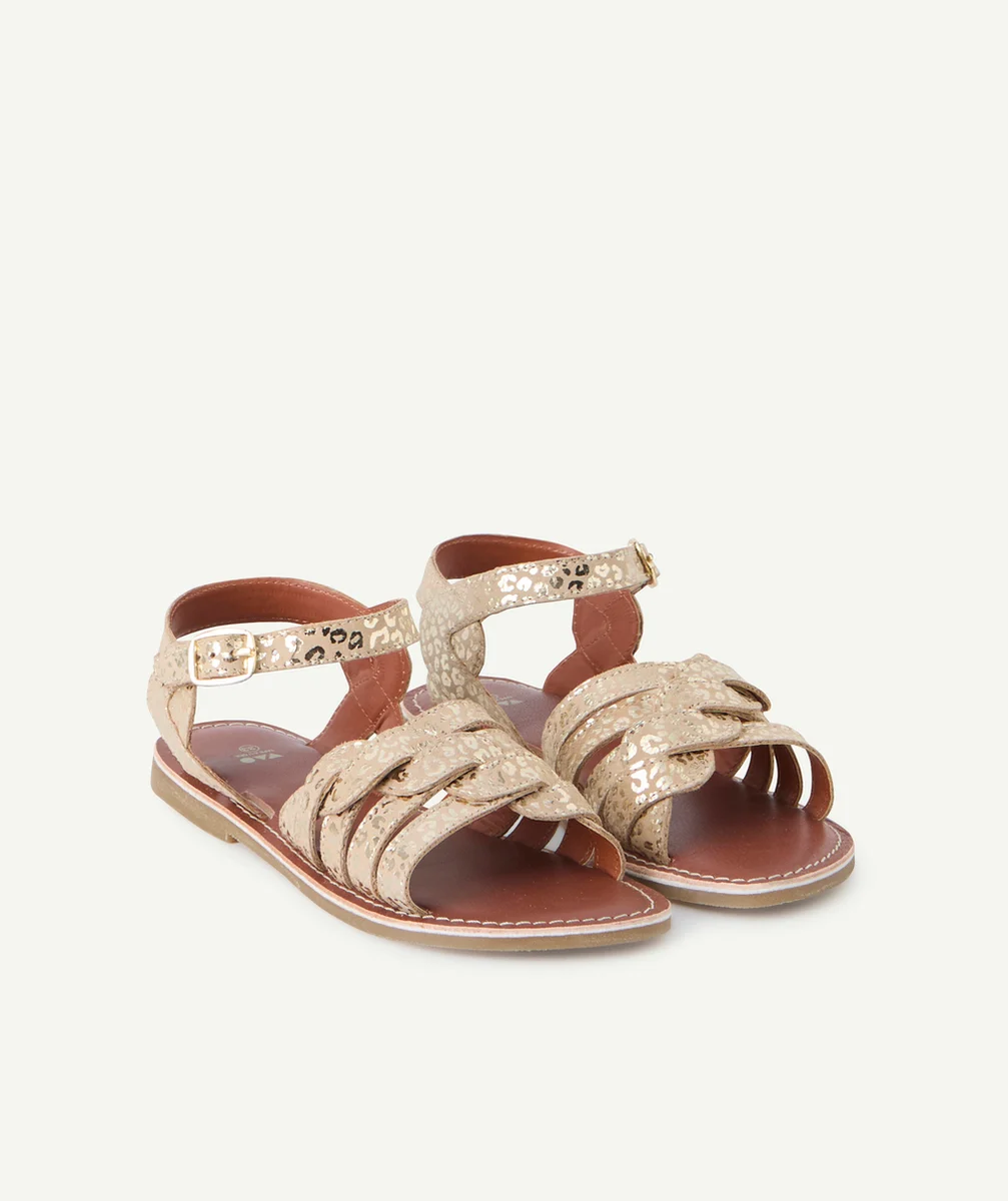 sandales fille en cuir beige et imprimée léopard couleur dorée
