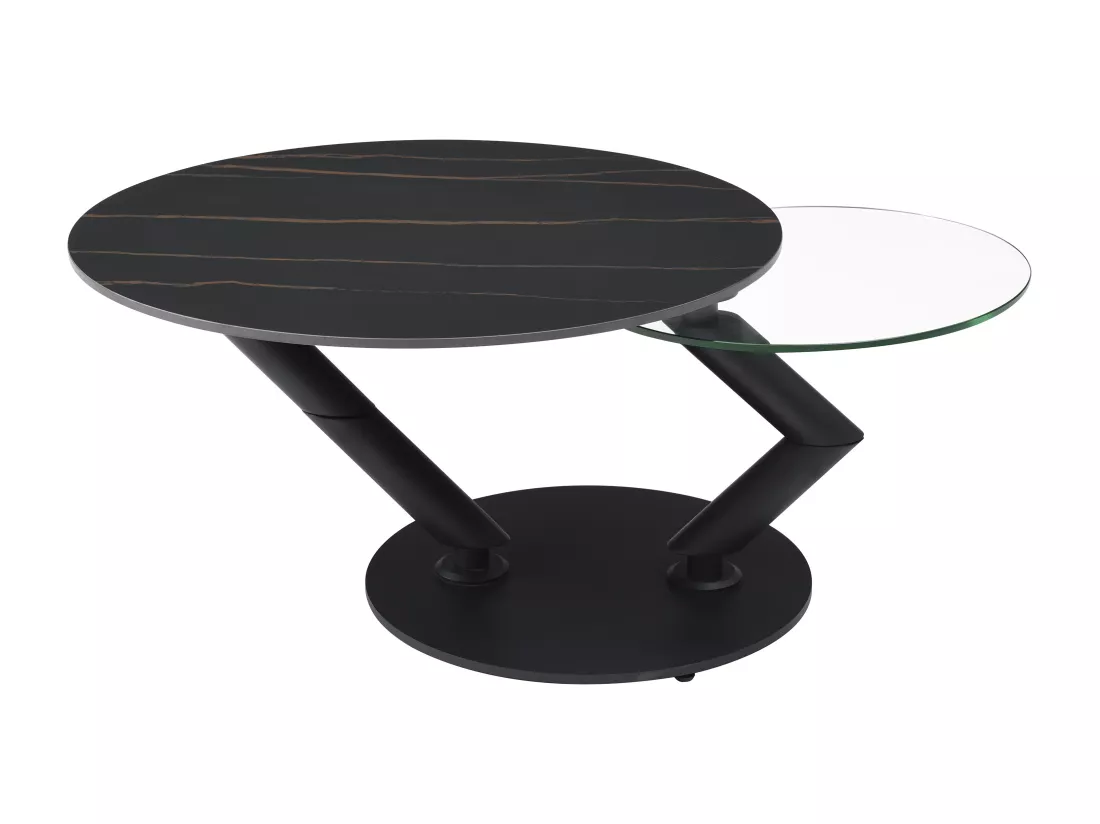Table basse avec plateaux pivotants en céramique, verre trempé et métal - Effet marbre noir - ELDOVA