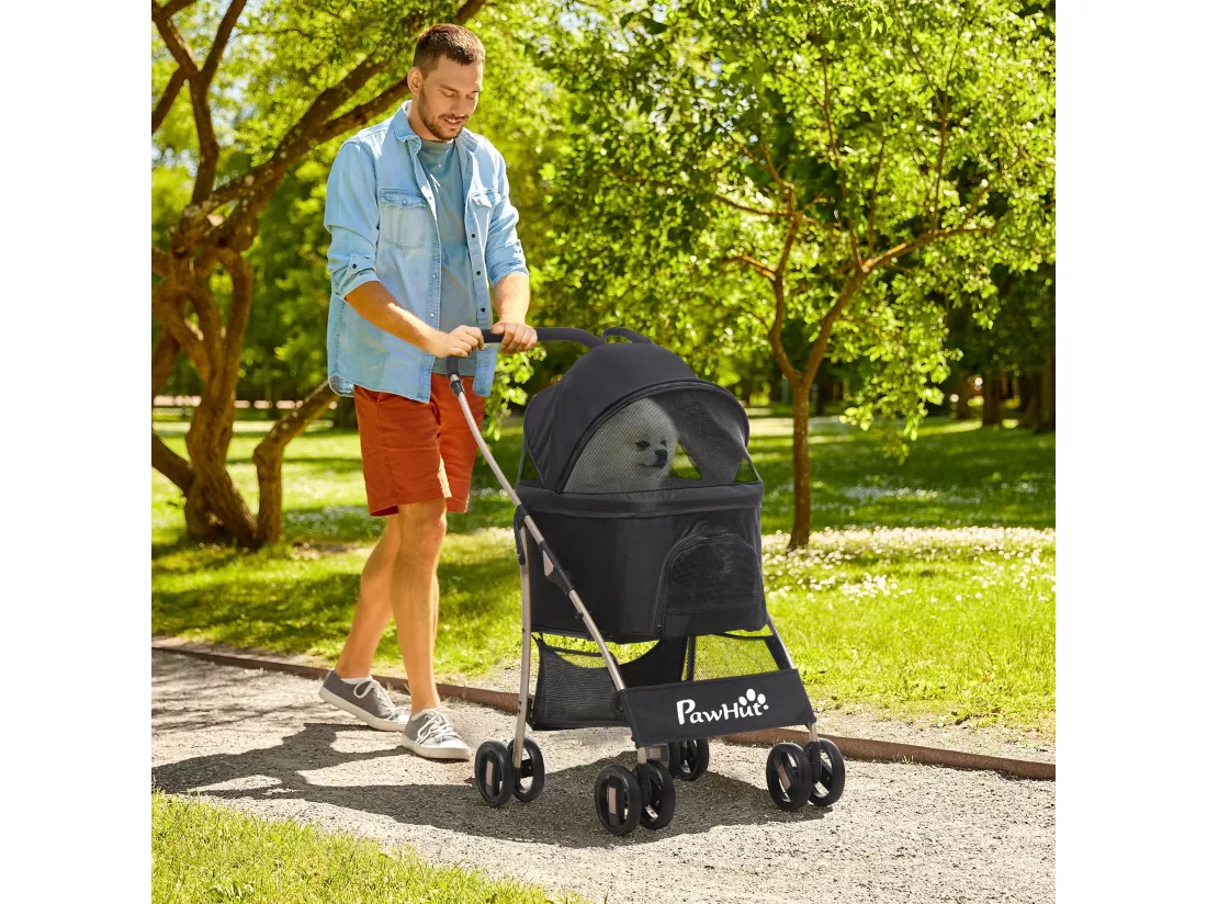 Poussette pliable pour chien chat nacelle amovible 2 en 1 - 4 roues doubles, 2 freins - acier Oxford noir