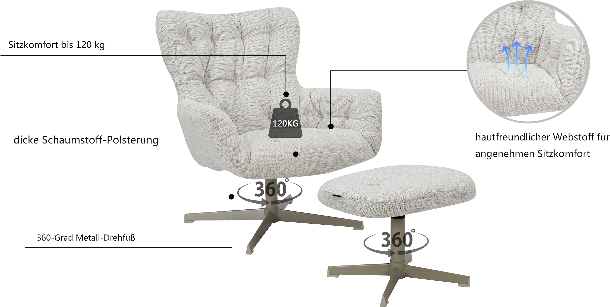 Home affaire Drehsessel »VERGAS Ohrensessel mit Hocker im Set« Relaxsessel mit 360-Grad-Drehfunktion u. Hocker, Web-Stoff