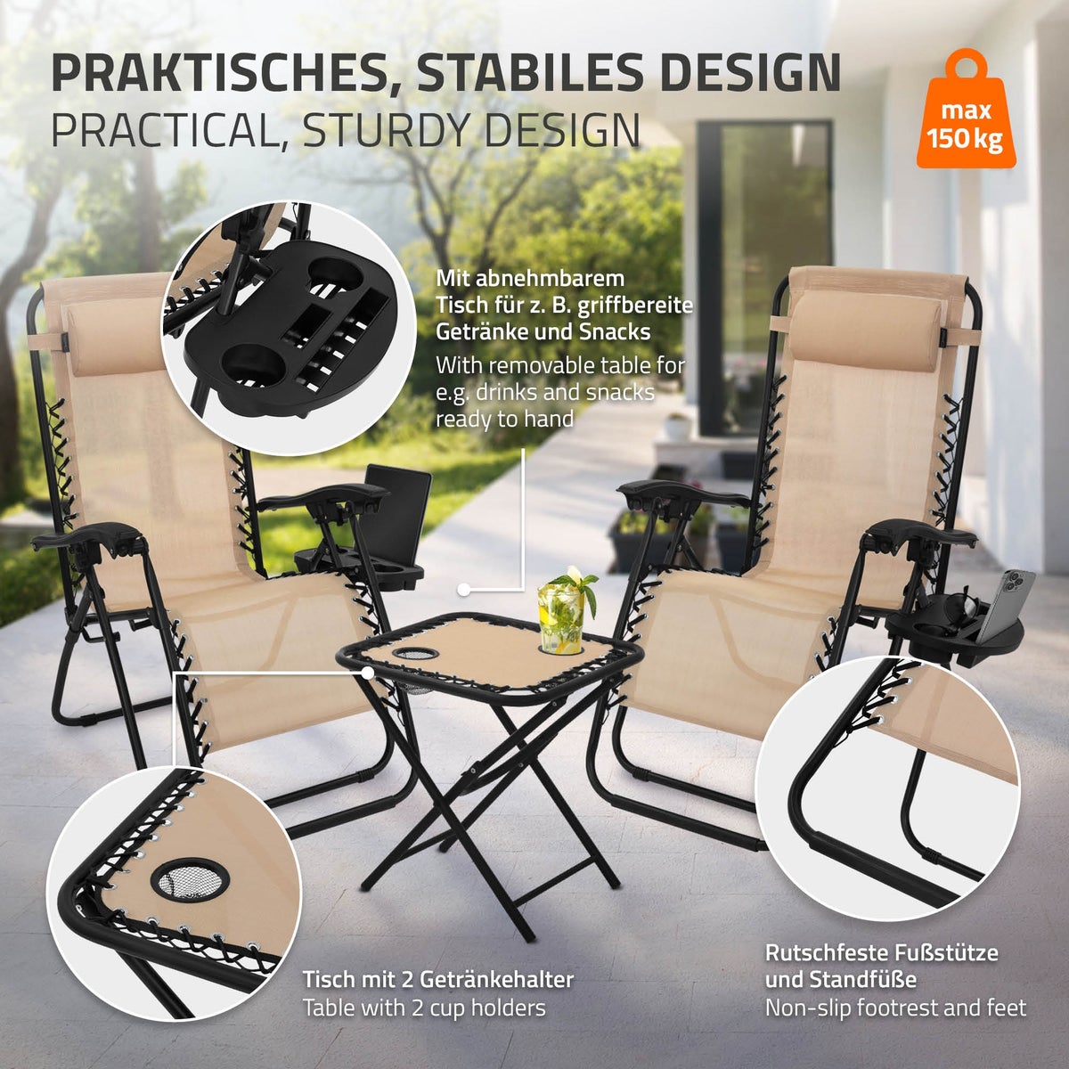 ML-Design 3-delige opvouwbare ligstoelset, tuinligstoelset met tafel, taupe, ligstoel met verstelbare hoofdsteun en rugleuning, weerbestendig/buiten, relaxstoel voor in de tuin met bekerhouder
