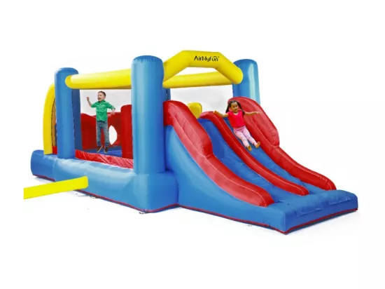 Château gonflable : aire de jeux gonflable avec obstacles et double toboggan - surface de jeux : 560 x 255 x 190 cm - Wipe out