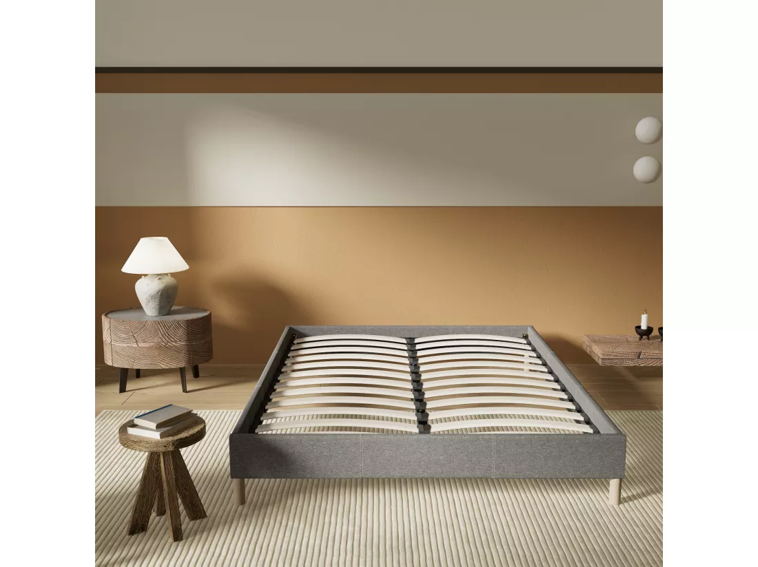 Sommier 140x200 cm, Revêtement en tissu Gris, Pieds en bois