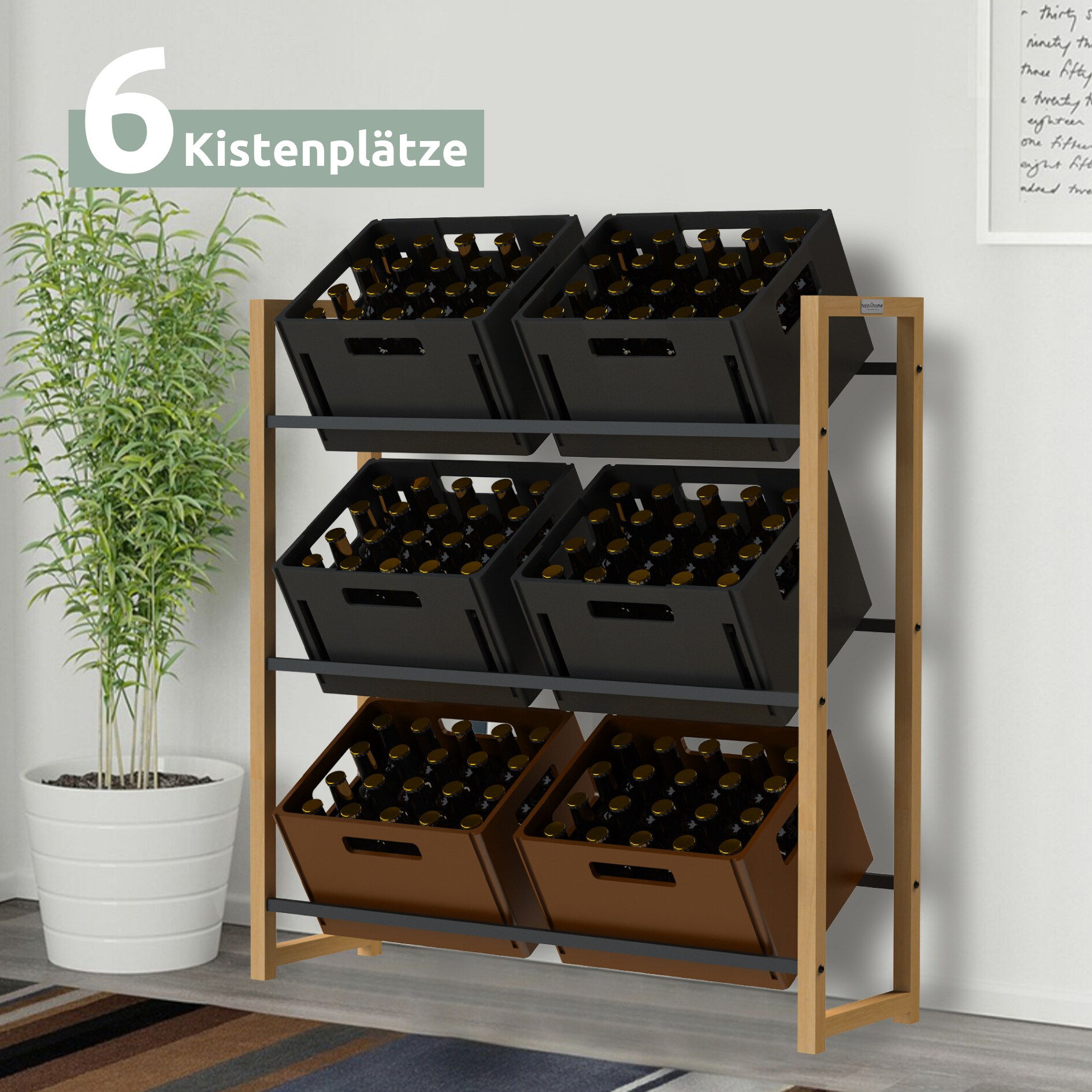 holz4home® Getränkekistenregal aus Bambus inkl. pulverbeschichteter Ablage I Schwarz | 6 Kisten
