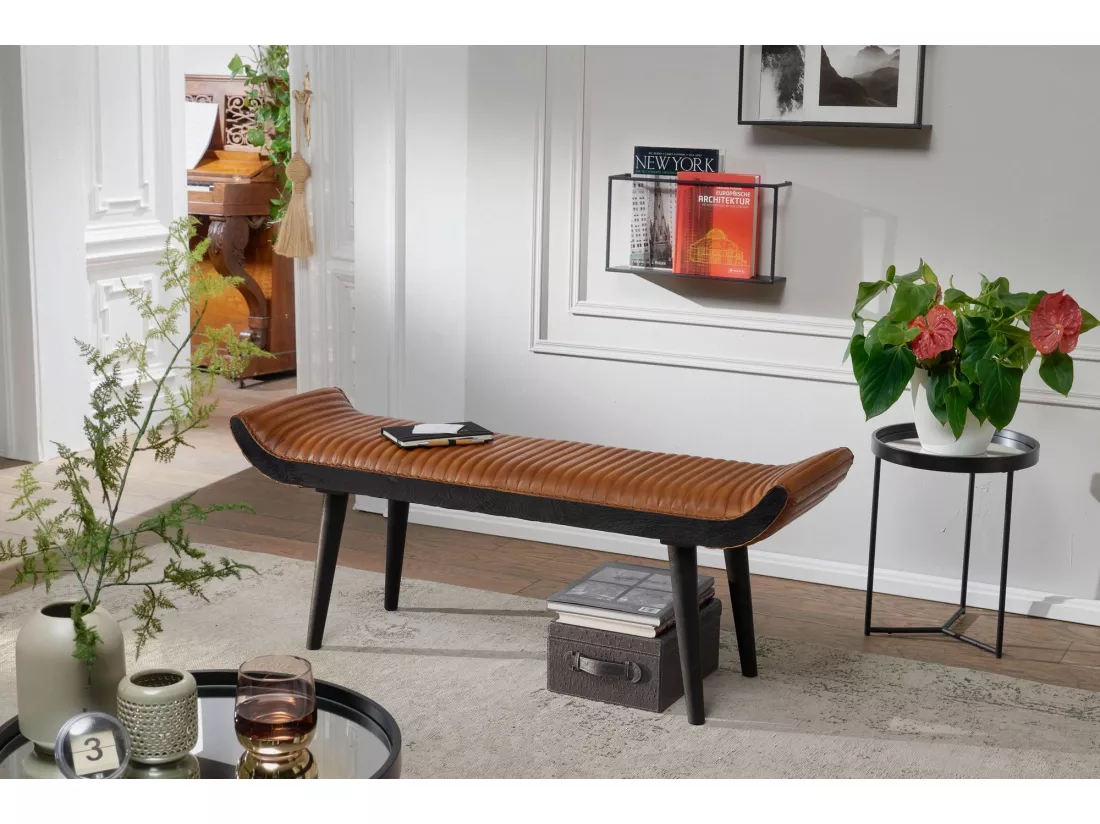 banc banc rembourré cuir véritable / bois 125x51x38 cm banc de lit banc de couloir