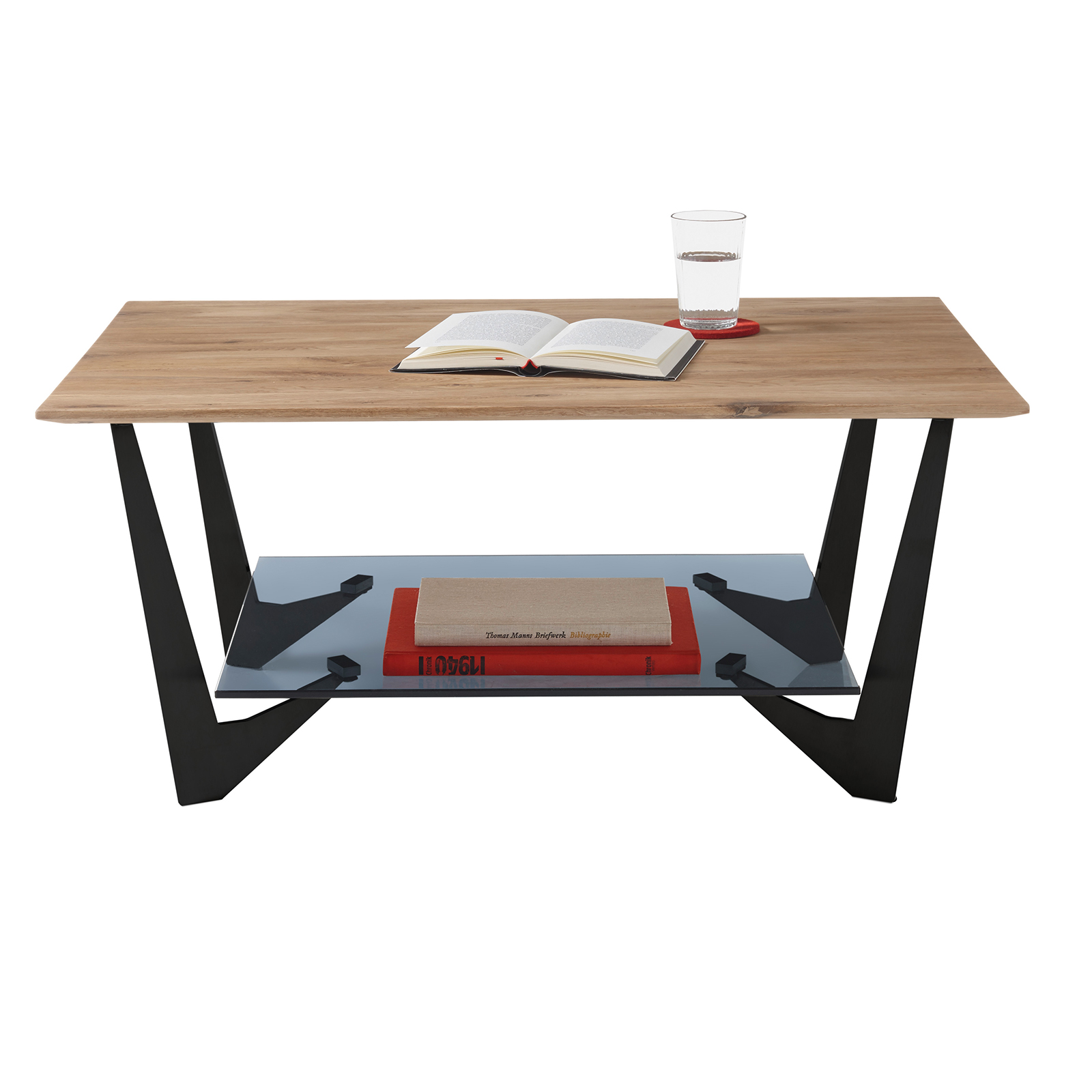 Couchtisch - Eiche massiv-schwarz matt - Glasablage - 90 cm