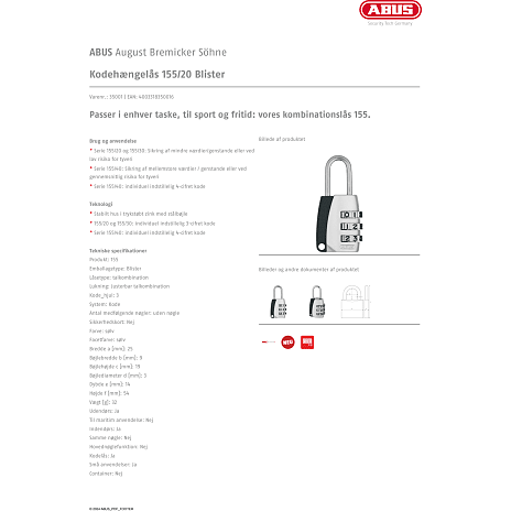 ABUS kodelås 155/20 - sølv