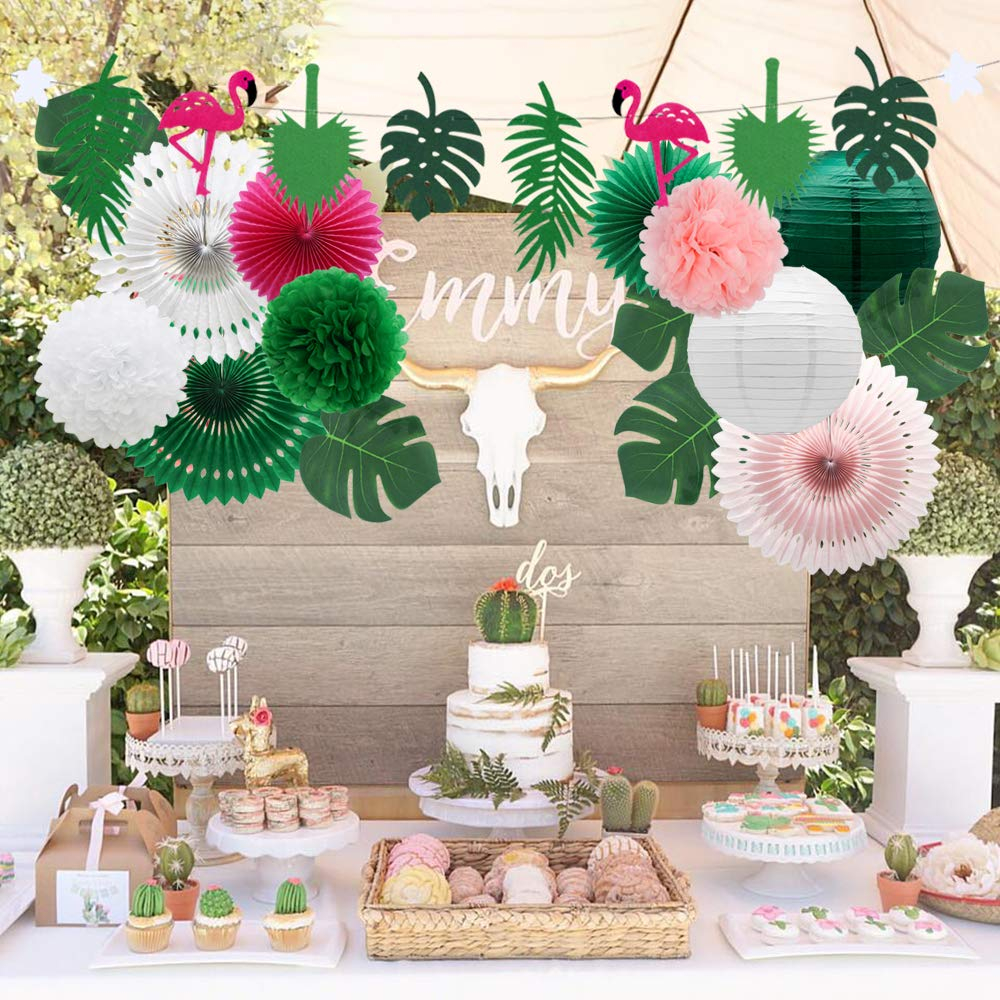 (13-tlg. Set) Sommer Party Dekoration Accessoires Pompon's / Rosetten / Flamingo Girlande / Lampions / Palmenblätter - Tropical Hawaii